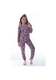 Resim Kız Çocuk Çiçek Desenli Pamuklu Pijama Takımı 8-13 Yaş Rahat Uyku Takımı Mor 