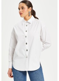 Resim Serpil Exclusive Kadın %100 Koton Oversize Gömlek Taş Düğme Detaylı Uzun Kollu Şık Model Beyaz 