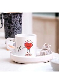 Resim Sevgililere Özel İsimli İkili Türk Kahvesi Fincanı Kalpli Tasarımlı Çift Kahve Fincanı Seti Bej - Beyaz 