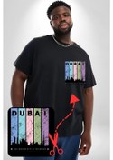 Resim Dubai Şehir Silüeti Renkli Şehir Siyah Büyük Beden Kadın Basic Minimal Baskılı Tişört Siyah 