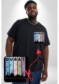 Resim Dubai Şehir Silüeti Renkli Şehir Siyah Büyük Beden Kadın Basic Minimal Baskılı Tişört Siyah 