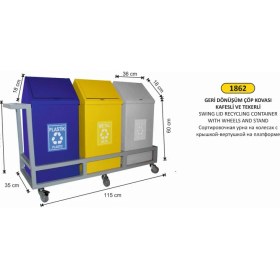 Resim Arı Metal Geridönüşüm Konteyneri Bazalı Tekerlekli Çatı Kapaklı 