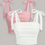 Resim 2 adet Kadınlar İçin Katı Renk Polyester Slingback Tank Üstleri, Casual Askısız Örgü Kumaş Crop Üst Set Bahar/Yaz/Sonbahar 