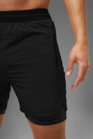 Resim Siyah Unisex Gym Ve Fitness Astarlı Taytlı Şort / Gizli Cep Detaylı / Örme Lastikli - L 