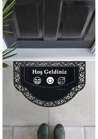 Resim Yarım Ay Modeli Hoş Geldiniz Yazlı Gülen Emoj Desenli Kapı Önü Paspası Altın Rengi Siyah 
