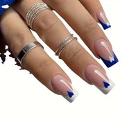 Resim 24 parçalık Retro Moda Yapıştırma Tırnak Seti, Kare Şekil, Orta Uzunluk, Parlak Kaplama, Mavi ve Beyaz Renk Şeması, Kalp ve Çizgili Tasarım - Kadınlar İçin Tırnak Sanatı Seti 