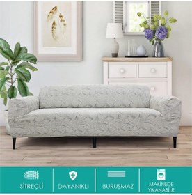 Resim Jakarlı Sehra Desen Taş-gri 3 3 1 1 Lastikli Kanepe Örtüsü Lastikli Koltuk Örtüsü Koltuk Kılıfı Krem 