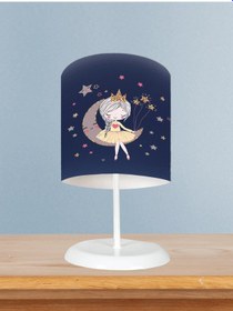Resim Mekta Home Bebek Ve Çocuk Odası Ayda Oturan Prenses Kız Desenli Lacivert Abajur 