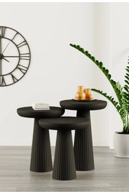 Resim Simillo Home&Living Wooden Siyah Ahşap 3’lü Set Fitilli Mantar Yan Sehpa Modern Siyah Renk Fiskos 