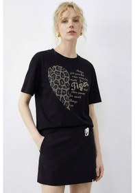 Resim Shade Kadın Leopar Kalp Taş İşlemeli Bisiklet Yaka Regular Fit T-shirt 2210 60283976 - Siyah 