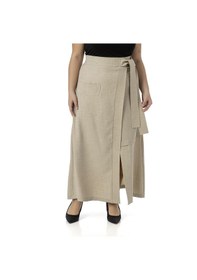 Resim Disentis Büyük Beden Önden Yırtmaçlı Süs Bağlama Detaylı Torba Cepli Bej Rengi Midi Etek Bej 