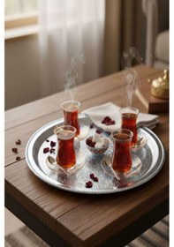 Resim Tepsi, Yuvarlak Dekorlu Gümüş Renk Tepsi 35 Cm Çok Kullanışlı Tepsi, Çay Tepsisi,söz Nişan Tepsisi Gümüş 