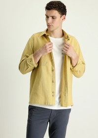 Resim Koyu Bej Uzun Kol Regular Fit Cepli Pamuk Spor Gömlek 