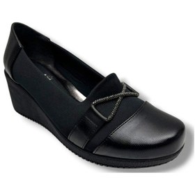 Resim Oi 240-26 Streçli Deri Çapraz Taşlı Anatomik Dolgu Topuklu Kadın Ayakkabı Siyah 