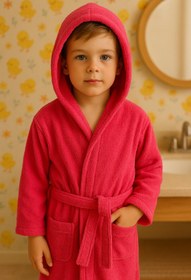 Resim CottonVerse Bebek & Çocuk Kapşonlu Bornoz - %100 Pamuk, Unisex Fuşya - Fuşya / 5-6 Yaş 