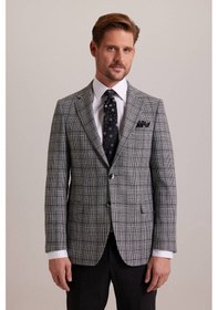 Resim Ysf Erkek Gri Kışlık Yünlü Regular Fit Ekose Desenli Tek Ceket 001 