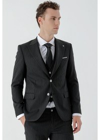Resim Morven Erkek Siyah Poliviskon Trend Yelekli Çizgili Desen Slim Fit Sivri Yaka Takım Elbise Siyah 
