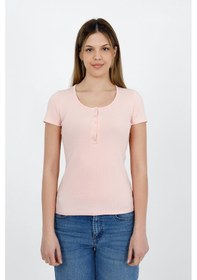 Resim Hdm Kadın Esnek Fitilli Yakası Çıtçıtlı Pembe Kısa Kol Basic Örme Bluz - H5993 