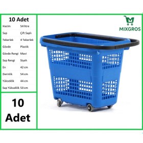 Resim Tekerlekli Plastik Market Alışveriş El Sepeti 54 Litre Mavi 10 Adet 