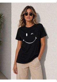 Resim Smile Kadın Minimal Gülümseyen Yüz Baskılı Tişört Kısa Kol Yazlık T-shirt - Siyah 