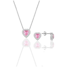 Resim Gümüş Rodyumlu Pembe Taşlı Pırlanta Modeli Kalp İkili Set 
