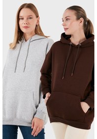 Resim Lela Regular Fit Pamuklu Kapüşonlu Yaka Şardonlu Kışlık 2'Li Paket Bayan Sweat 5863854S2 Gri Melanj-Kahve 