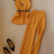 Resim Şık Fransız Vintage Tarzı İki Parça Kıyafet: Dar Kesim V Yaka Blazer & Yüksek Bel Geniş Bacak Pantolon - Kadınlar İçin Zarif Düz Renk Ofis Giyimi, Bahar/Yaz Koleksiyonu, Ofis Kıyafeti | Fransız Vintage Tarzı | Polyester Blazer 