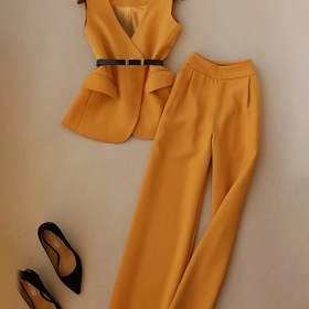 Resim Şık Fransız Vintage Tarzı İki Parça Kıyafet: Dar Kesim V Yaka Blazer & Yüksek Bel Geniş Bacak Pantolon - Kadınlar İçin Zarif Düz Renk Ofis Giyimi, Bahar/Yaz Koleksiyonu, Ofis Kıyafeti | Fransız Vintage Tarzı | Polyester Blazer 