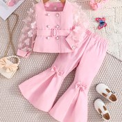 Resim Kelebek Kollu Bluzlu ve Yüksek Boyunlu Uzun Pantolonlu 2 Parça Kız Çocukları Rahat Dış Mekan Kıyafeti, Polyester Kumaş, 12 Yaş ve Altı, Normal Kesim, Baskısız 