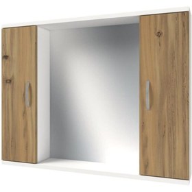 Resim banos Ad4 Metal Kulplu 2 Kapaklı Beyaz Ceviz Mdf 95 Cm Aynalı Banyo Üst Dolabı 