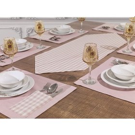 Resim Amerikan Servis Supla Ve Runner Seti 8 Kişilik Set Pudra Ekose De Pembe 