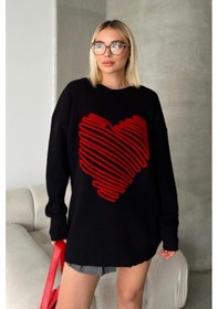 Resim Keyifli Moda Kadın Siyah Kabartma Büyük Kalpli Triko Kazak Siyah 
