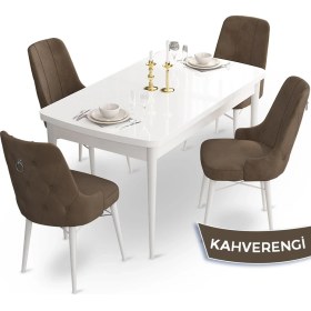 Resim Canisa Concept Taç Serisi 80 x 132 cm Açılabilir Beyaz Mutfak Masa Takımı 4 Sandalye Gümüş Halkalı 