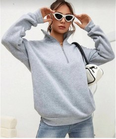 Resim Unisex Uzun Kol Yarım Farmuarlı Yakalı Basic Sweatshirt - Gri Gri 