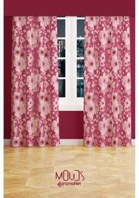 Resim Pembe Çiçek 2 Desenli Süet Oturma Odası Salon Fon Perde Baskılı Ekstrafor Büzgü 2 Kanat Prd-1041 Çok Renkli 