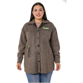 Resim Büyük Beden Kontrast Dikişli Aksesuar Detaylı Vizon Kaşe Gömlek 