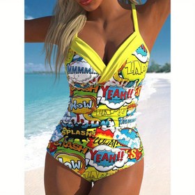 Resim Kadınlar İçin Şık ve Seksi Tek Parça Mayo - Çizgi Roman Baskılı V Yaka, Yüksek Bel Esnek Polyester, Makinede Yıkanabilir Plaj ve Havuz Mayo, Yazlık Yüzme Kıyafeti, Eğlenceli Tasarım, Rahat Kesim, Trendy Plaj Giysisi, Tatil Kıyafeti 