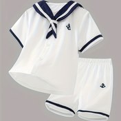 Resim 2 Parça Bebek Yaz Seti, Lacivert Yaka Gömlek ve Düz Renk Şort İçeren, Preppy Tarzı, Polyester Kumaş, Kontrast Yaka Tasarımlı Kısa Kollu Gömlek, Yaz Koleksiyonu, Doğum Günü Partileri, Akşam Yemekleri, Düğünler, Yıldönümleri için Şık, Erkek ve Kız Çocukları için Mükemmel | Eğlenceli Desen | Deniz Temalı, Dış Mekan Kullanımı için İdeal 