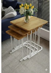 Resim Sakura 3'lü Metal Gümüş Atlantik Mdf Kare Zigon Sehpa Takımı Orta Sehpa Yan Sehpa Kahverengi 