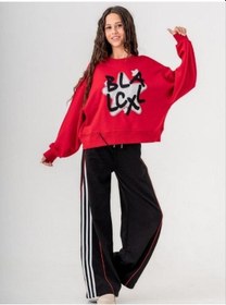 Resim Kız Çocuk Black Yazılı Sweatshirt-14772 Kırmızı 