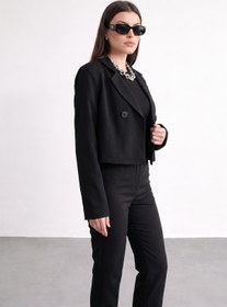Resim Jaglion New Season Siyah Düğme Detaylı Kadın Yazlık Crop Blazer Ceket 