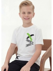 Resim Panios Kids White Yazı Baskılı Yuvarlak Yaka Kısa Kollu Erkek Çocuk Yazlık Tişört Beyaz 