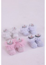 Resim Burçak Çorap Soft Yıkamalı Kız Bebek Çorabı - Tül Ve Güpür Detaylı Pamuklu Model 4'lü Çok Renkli 
