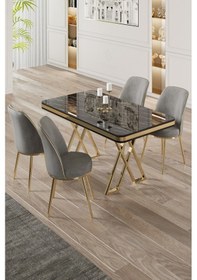 Resim Canisa Vals Serisi 80x130 Lak Panel Siyah Mermer Desen Masa Takımı Gold Ayaklı 4 Gri Sandalye Masa Siyah Mermer Desen Sandalye Gri 