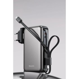 Resim YESIDO YP90E Dijital Göstergeli 10.000 mAh 22.5W PD Hızlı Şarj Destekli Makaralı Type C ve Lightning Kablolu 5in1 Powerbank - Siyah 