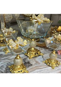 Resim Elta Collection Karen 7 Parça Kelebekli Elmas Döküm Ayaklı Sunumluk Magnolia Dondurmalık Cup Ve Salata Kase Seti Gold 