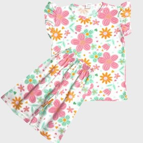 Resim Aliş Kids Kız Çocuk Pamuklu Beyaz Pembe Çiçek Desenli Kolları Fırfırlı Kısa Kollu Şortlu Yazlık Pijama Takımı Pembe Beyaz 