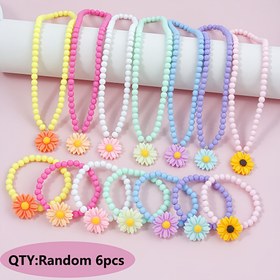 Resim 6 Parça Sevimli Papatya Çiçekli Bileklik ve Boncuk Takı Seti - Kızlar İçin Çok Renkli Pastel ve Parlak Boncuklar, Papatyalar, Kalpler, Fiyonklar - Doğum Günü Partisi Hediyeleri, Aksesuarlar, Günlük Kıyafetler (Kaplamasız, Tüm Yıl Boyunca, Gençler İçin) 