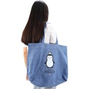 Resim İcone Bag Bez Kadın Çantası, Geniş Hacimli, Beyaz Penguen Baskılı El ve Omuz Bez Çanta 