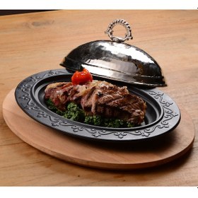 Resim Lava Döküm Oval Döner. Kebap Tabağı. Ahşap Altlıklı. Ölçü 21x16cm 